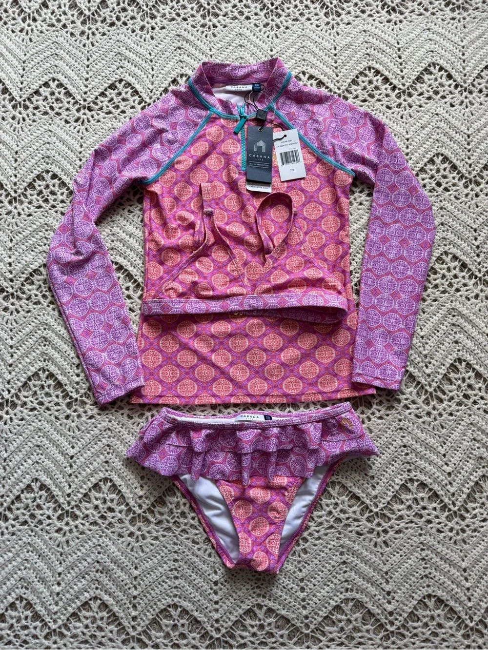 NWT Cabana Life Pink & Purple Girls' Long-Sleeve Rashguard Three-Piece Bikini